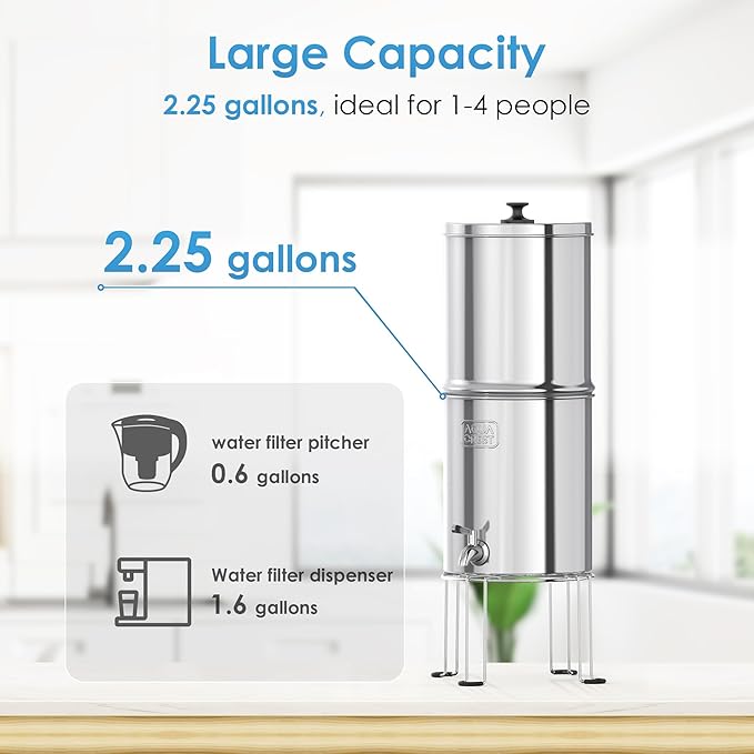AQUA CREST Gravity Water Filter System, 304 Stainless Steel Countertop System with 4 Filters and Anti-Slip Stand, Reduce Fluoride and Chlorine, 2.25G, for Home, Camping, RVing, Off-Grid, Emergencies-Ruum Studio Home
