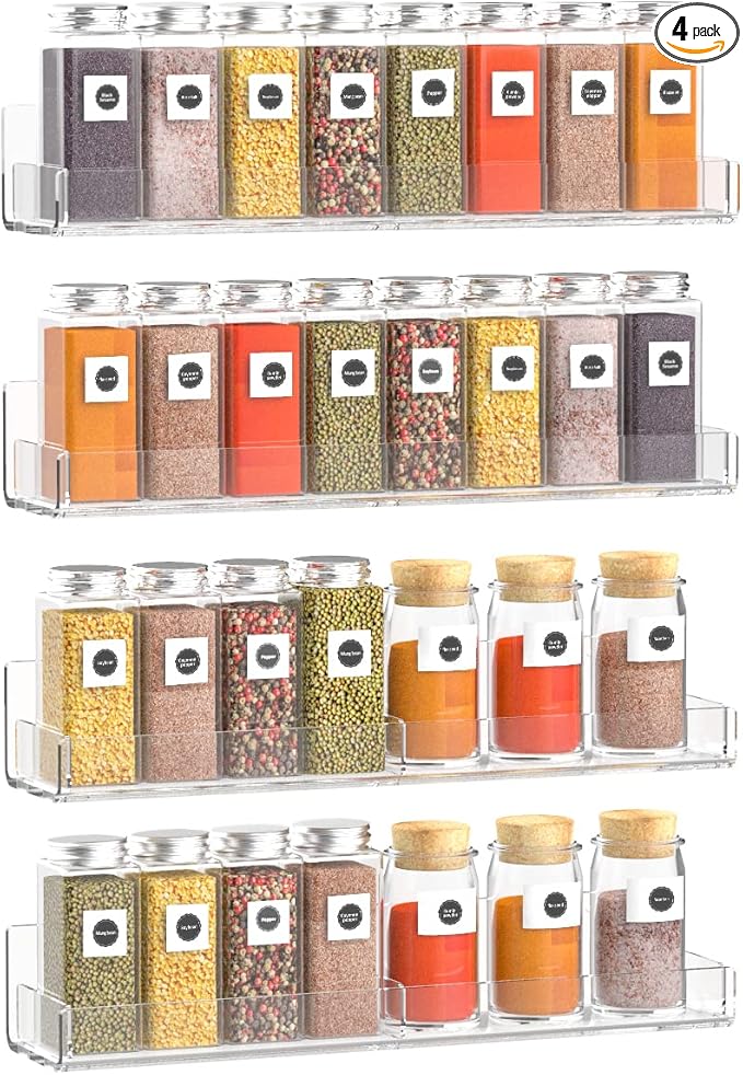 Acrylic Wall Spice Rack Organizer, Seasoning Rack Shelf Organizer, Clear Wall Mounted Spice Rack Condiment Organizer with Additional Removable Middle Divider, 4 Pack…-Ruum Studio Home