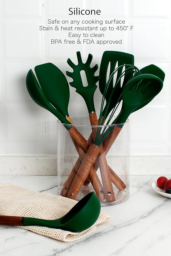 Country Kitchen Non Stick Silicone Utensil Set with Rounded Wood Handles for Cooking and Baking, 8 Piece Set, Green-Ruum Studio Home