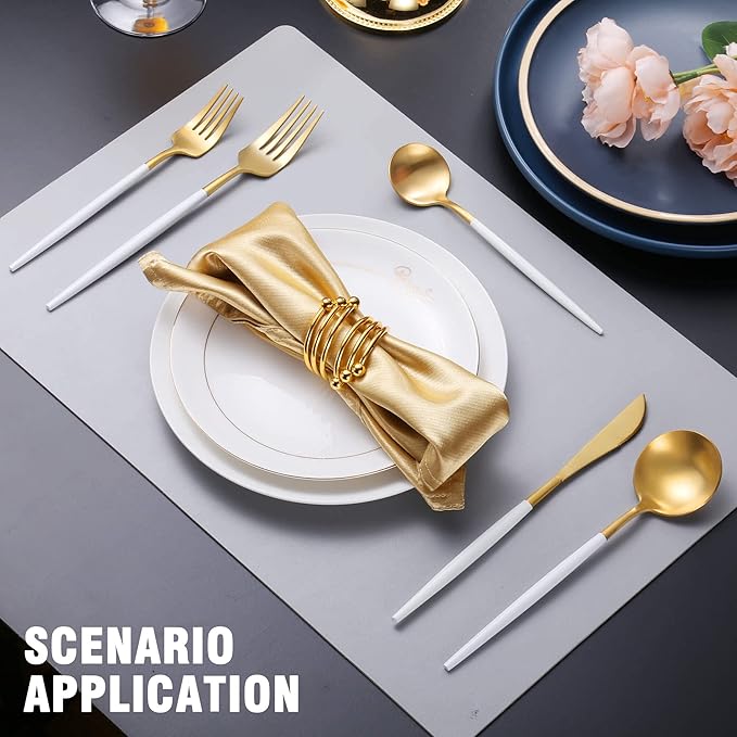 Matte White Gold Silverware Set for 6,Modern Stainless Steel Brushed Cutlery Set,30-Pieces Heavy Duty Flatware Set,Knives Spoons and Forks Set Utensils Set, Satin Finish, Dishwasher Safe-Ruum Studio Home