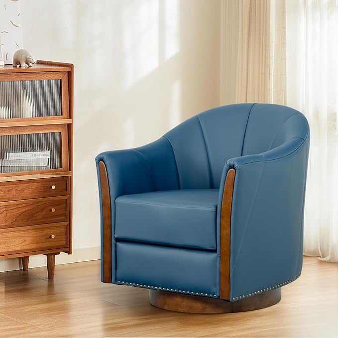 360° Swivel Accent Chair, Modern Leather Barrel Club Chair with Leather Upholstery and Sturdy Wood Base, Comfortable Armchair for Living Room, Bedroom, Reading Nook, Blue-Ruum Studio Home