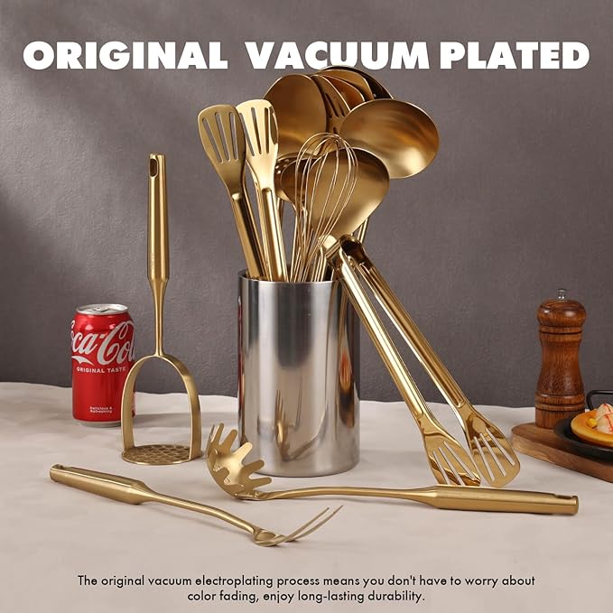 Gold Cooking Utensils Set - 18/10 Stainless Steel Large and Small Spoons Set, 16 PCS All Metal Kitchen Tools, Serving Utensils - Whisk, Masher, Fork, Tongs, Spatula, Ladle, Skimmer, Turner, Pasta-Ruum Studio Home