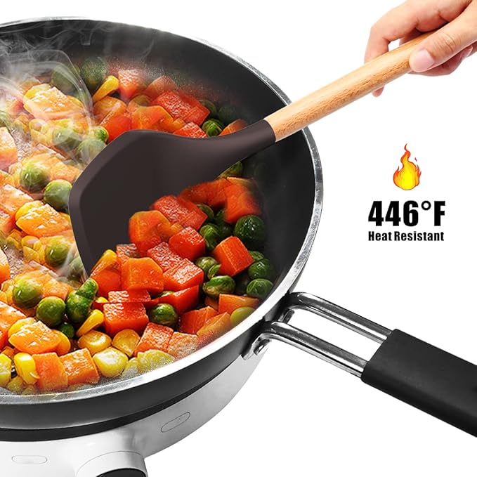 Silicone Cooking Utensils Set - 446°F Heat Resistant Silicone Kitchen Utensils for Cooking,Kitchen Utensil Spatula Set w Wooden Handles and Holder for Non-Stick Cookware, BPA FREE (Coffee)-Ruum Studio Home