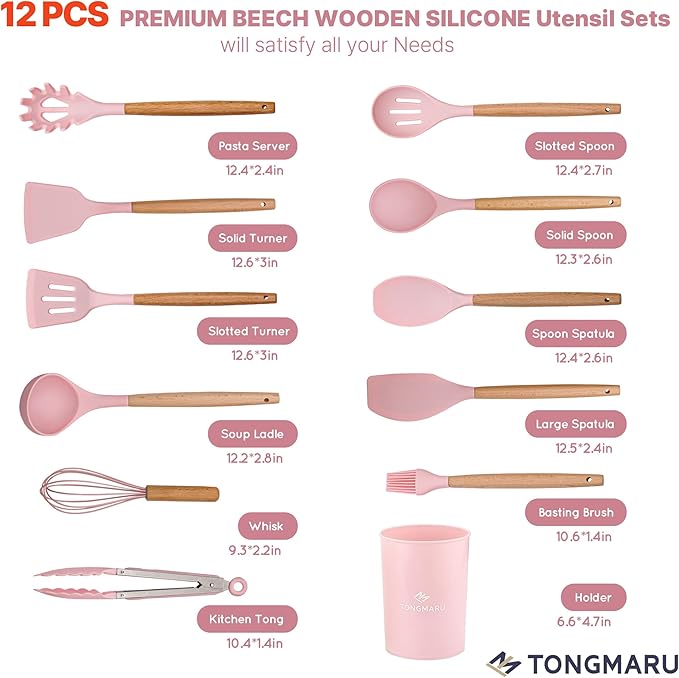 Silicone Cooking Utensils Set, Premium Beech Wood Handle Kitchen Gadgets Utensil Set, Non-Stick Kitchen Utensils Spatula, Tongs, Turner, Whisk, Brush, Spoon, BPA FREE, 446°F Resistant (Pink)-Ruum Studio Home