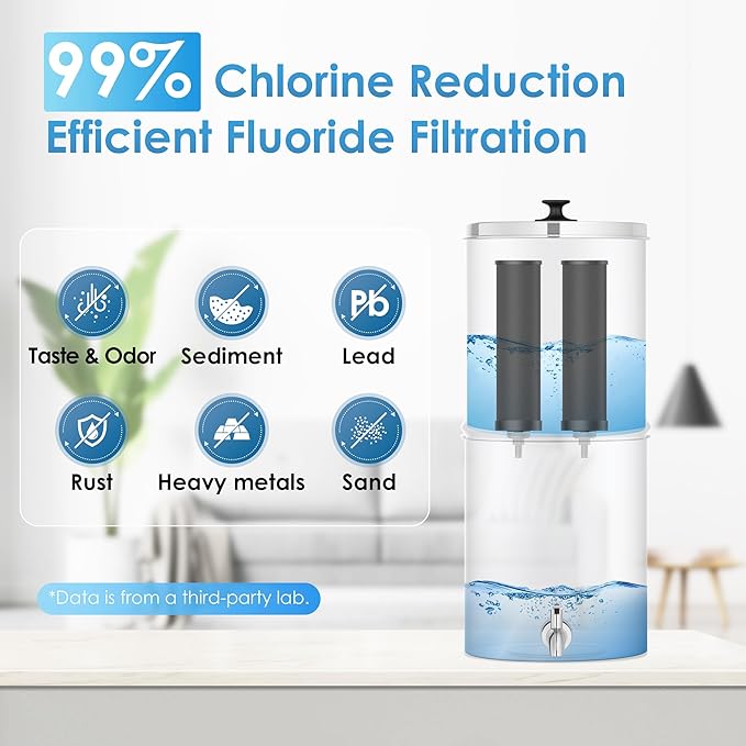 AQUA CREST Gravity Water Filter System, NSF/ANSI 42&372 Certified Black Carbon Filters, Reduce Lead and Up to 99% Chlorine, 2.25G, for Home, Camping, RVing, Off-Grid, Emergencies, AQ-TN-A-Ruum Studio Home