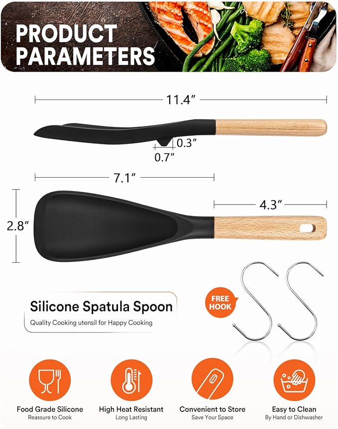 Cooking Spoon for Nonstick Cookwares, Great for Cooking and Serving Sturdy BPA-Free Matte Silicone, Wood Handle Spoon for Mixing, Scoop, and Scrape (Black & Grey, 11.4 inch)-Ruum Studio Home