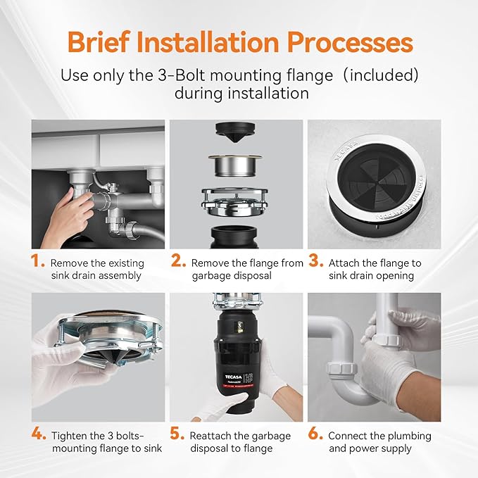 1/2 HP Garbage Disposal, TECASA Food Garbage Disposal with Power Cord, Stainless Steel Grinding System and 3-Bolt Mounting, Continuous Feed Compact Garbage Disposals, UL Certified, Taskmaid Series 50-Ruum Studio Home