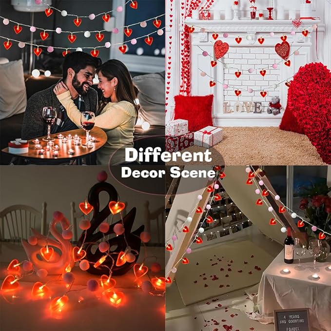 Red Heart String Lights 9.85 Ft Valentines Light with 20 LEDs 20 Pink Pom Poms Garland Lights Battery Operated with Timer Valentines Decorations for Wedding Party Valentine Decor-Ruum Studio Home
