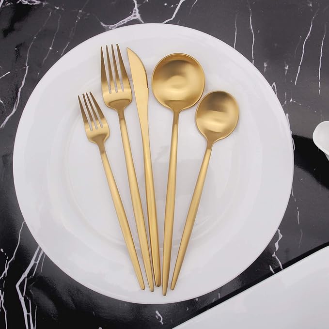 Matte Gold Silverware Set, Vanys 20 Piece Stainless Steel Cutlery Flatware Set, Kitchen Utensil Sets for 4, Tableware With Knife Spoons And Forks Set, Satin Finished Polished-Ruum Studio Home