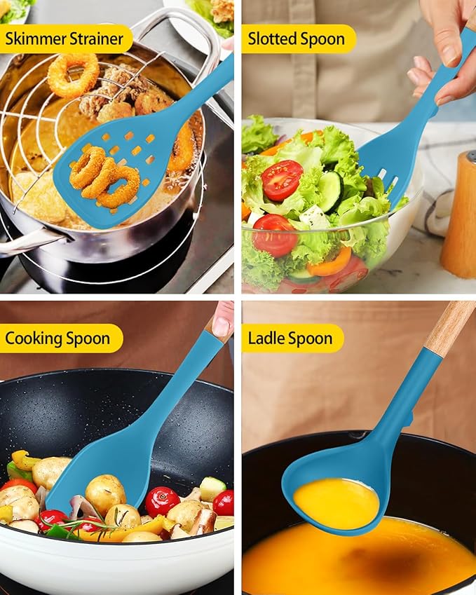 Silicone Kitchen Utensil Set for Non Stick Cookware, 7 Pcs Heat Resistant Cooking Utensils with Wooden Handle, BPA Free Kitchen Tools with Spatulas, Spoons, Skimmer and Pasta Fork (BLUE)-Ruum Studio Home