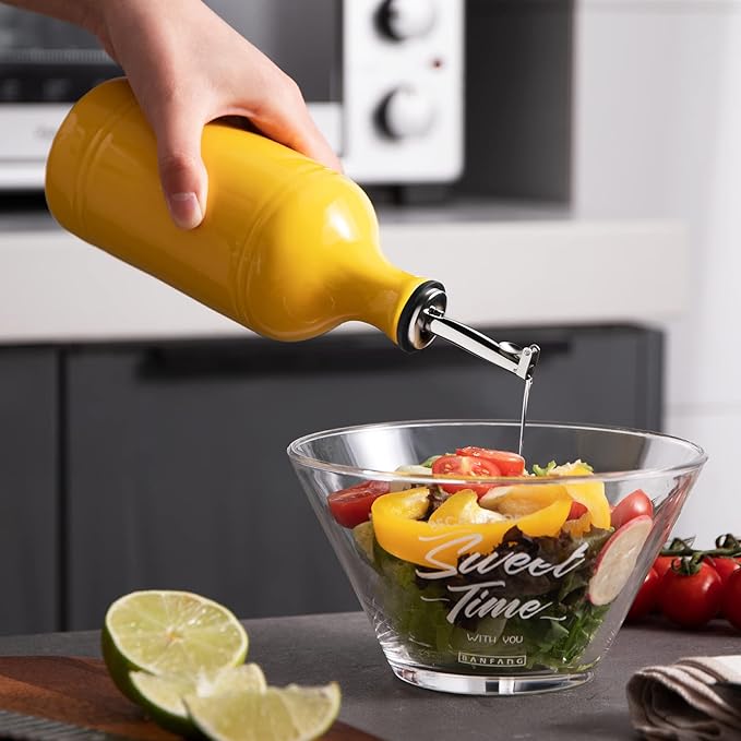 Sweejar Ceramic Olive Oil Dispenser Bottle, Opaque Oil Cruet Protects Oil, Suitable for Storage, Pack of 1, 15.5 Fl Oz (Yellow)-Ruum Studio Home