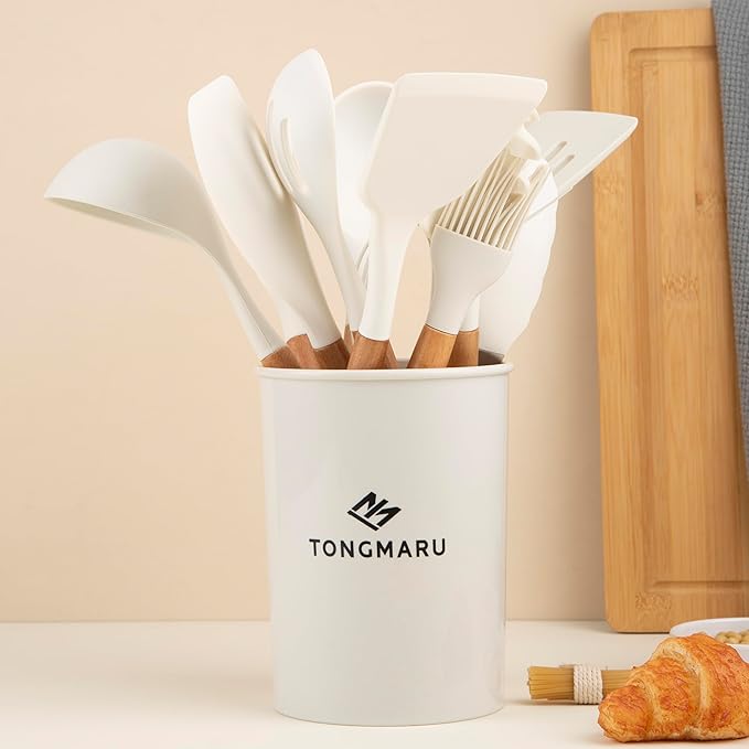 Silicone Cooking Utensils Set, Premium Beech Wood Handle Kitchen Gadgets Utensil Set, Non-Stick Kitchen Utensils Spatula, Tongs, Turner, Whisk, Brush, Spoon, BPA FREE, 446°F Resistant (White)-Ruum Studio Home