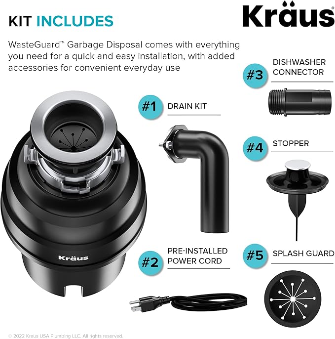 KRAUS WasteGuard 1 HP Ultra-Quiet Garbage Disposal with Quick Connect, Kitchen Sink Drain Cover, Power Cord and Flange Included, KWD100-100MBL-Ruum Studio Home