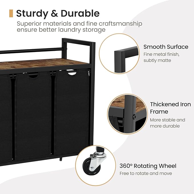 Laundry Hamper, Laundry Basket, Laundry Sorter with 3 Removable Bags, Clothes Basket with 3 Compartments, Wheels, Shelf for Laundry Room Bathroom Bedroom (3 Bags-Black)-Ruum Studio Home