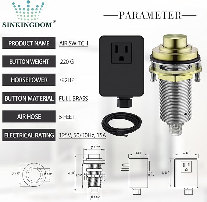 SinkTop Air Switch Kit with Brass Gold Long Button (Full Brass) for Garbage Disposal,without cabel-Ruum Studio Home