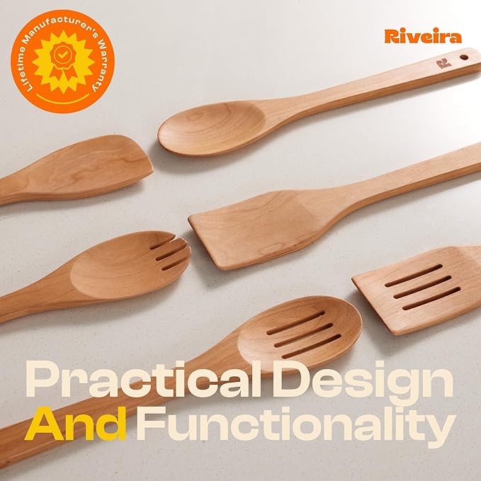 Riveira Cherry Wooden Spoons for Cooking Set of 6 – Natural Cherry Wooden Cooking Utensils, Wooden Spatula, Wooden Spoon - Premium Quality Wooden Utensil Set for Non-Toxic Cooking-Ruum Studio Home
