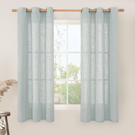 LAMIT Sheer Linen Curtains 63 inches Long for Bedroom, Bronze Grommet Linen Drapes Light Filtering Semi Sheer Curtains for Small Window/Kitchen, 2 Panels, 34 x 63 Inch, Greyish Blue-Ruum Studio Home