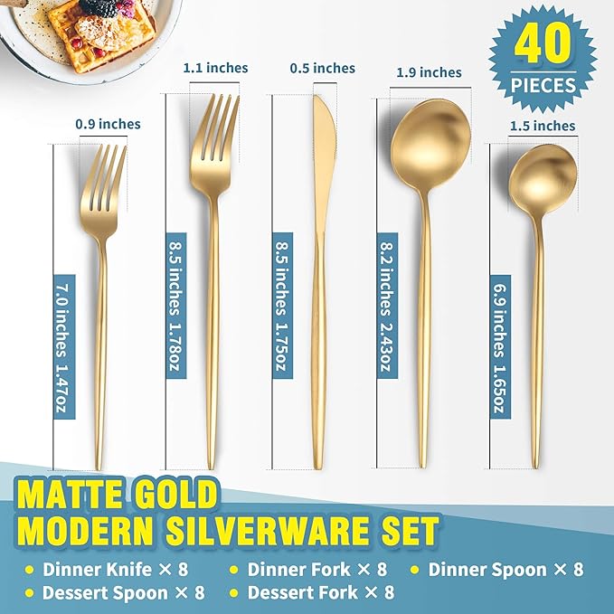 Matte Gold Silverware Set for 8,Modern Stainless Steel Brushed Cutlery Set,40-Pieces Heavy Duty Flatware Set,Knives Spoons and Forks Set Utensils Set,Satin Finish,Dishwasher Safe-Ruum Studio Home