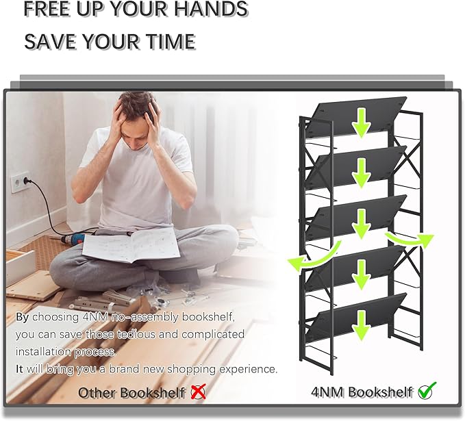 4NM 5 Tiers No Assembly Book Shelves, 51.2" H Folding Bookshelf Bookcase Open Industrial Foldable Shelves for Bedroom, Living Room, Home Office - All Black-Ruum Studio Home