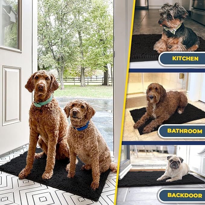 Muddy Mat® 4-Piece Black Medium 30"X19" AS-SEEN-ON-TV Highly Absorbent Microfiber Door Mat, Bath Mat and Pet Rug, Non Slip Thick Washable, Soft Chenille for Kitchen Bathroom Bedroom Indoor and Outdoor-Ruum Studio Home
