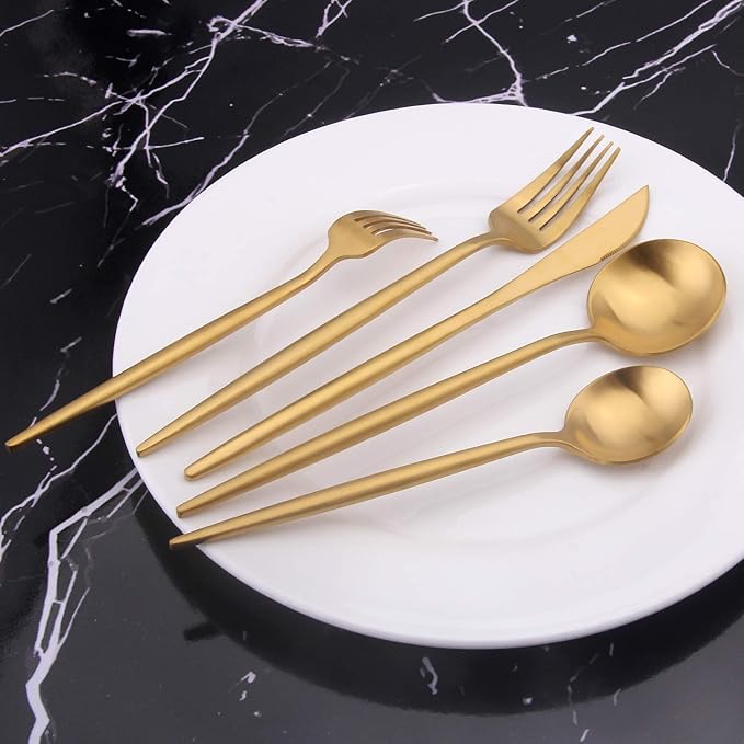 Matte Gold Silverware Set, Vanys 20 Piece Stainless Steel Cutlery Flatware Set, Kitchen Utensil Sets for 4, Tableware With Knife Spoons And Forks Set, Satin Finished Polished-Ruum Studio Home