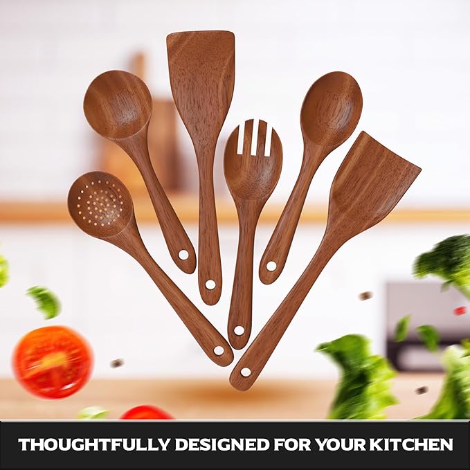 6-Piece Acacia Wood Cooking Utensil Set – Wooden Kitchen Pan Toolset for Nonstick Cookware – Includes Spoons & Spatulas – Non-Scratch, Eco-Friendly Cooking Tools – Everyday Use - Lifetime Replacements-Ruum Studio Home
