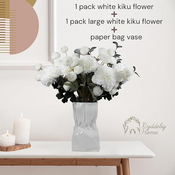 Large Faux Kiku Flower White - 10 Stems, Bulk Silk Flowers For Home Decor Indoor, Realistic Artificial Flowers, Fake White Flowers, Real Touch Flowers, Flores Artificiales Para Centro De Mesa-Ruum Studio Home