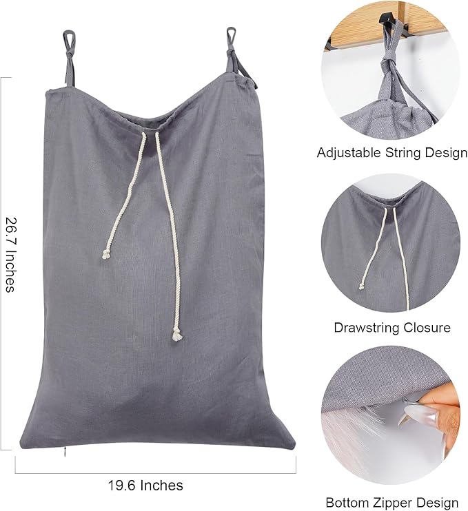Linen Hanging Laundry Bag, Over The Door Laundry Hamper for Dirty Clothes, Drawstring Closure with Bottom Zipper, Gray-Ruum Studio Home