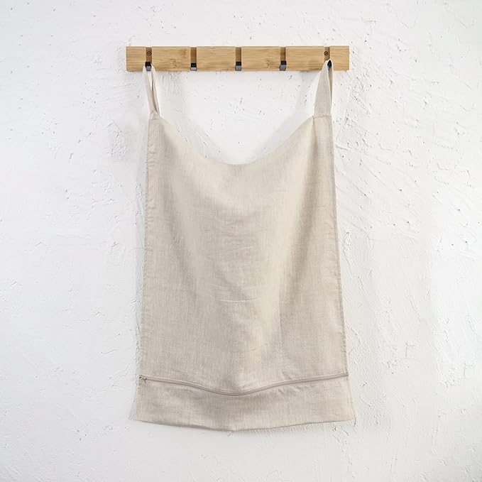 Linen Hanging Laundry Bag, 100% Linen Over The Door Laundry Hamper with Buttons and Zipper, Space Saving Door Hampers for Laundry Dirty Clothes Home Travel, Linen-Ruum Studio Home