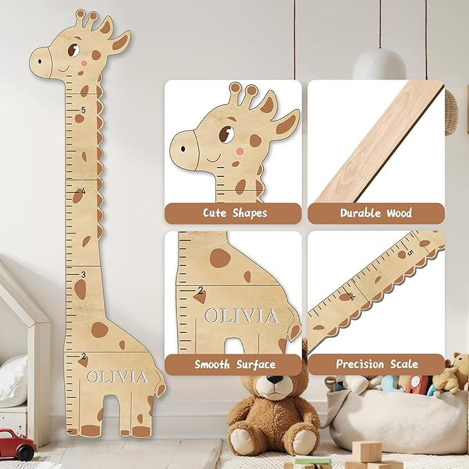 Personalized Name Kids Growth Chart for Wall, Cute Giraffe Wooden Growth Chart Kids Height Chart, Wall Measurement for Kids, Height Chart for Wall, Growth Ruler for Children-Ruum Studio Home
