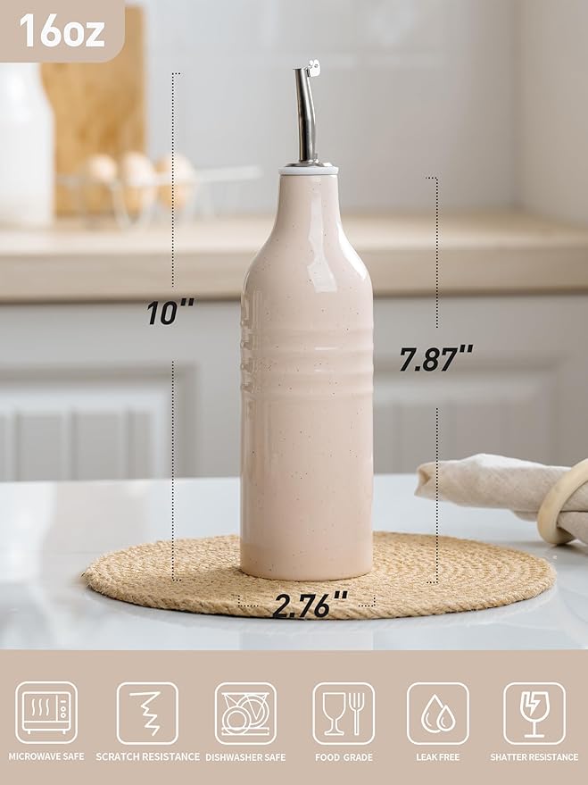 famiware Jupiter 16oz Ceramic Olive Oil Dispenser Bottle, 1 Piece Oil Dispenser for Kitchen with Stainless Steel Pourers, Suitable for Storage Vinegar, Soy Sauce, Coffee Syrup, Light Pink-Ruum Studio Home