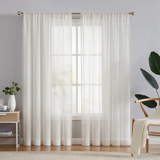 FMFUNCTEX Linen Sheer Curtains for Living Room, Beige Curtains 96 inches Long for Bedroom, Natural Flax Blend Window Draperies for Farmhouse Curtain, Rod Pocket 2 Panels-Ruum Studio Home