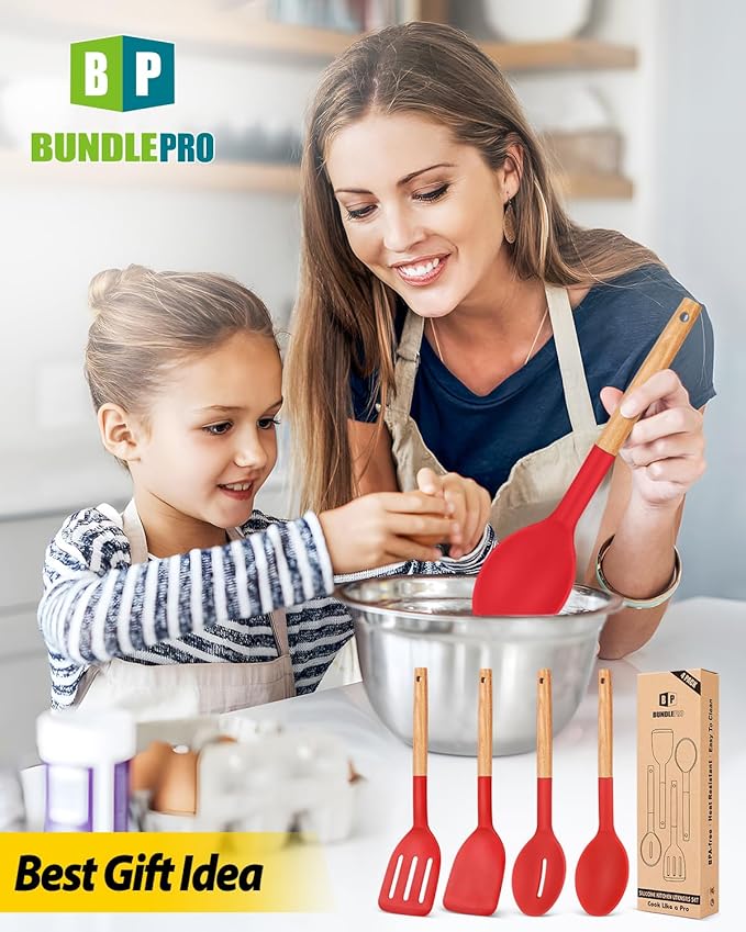 Pack of 4 Silicone Cooking Utensils Set, Non Stick Solid Spatulas and Heat Resistant Slotted Spoons with Wooden Handle, Ideal Wood Kitchen Utensils Set for Frying,Serving,Turning,Stirring (RED)-Ruum Studio Home