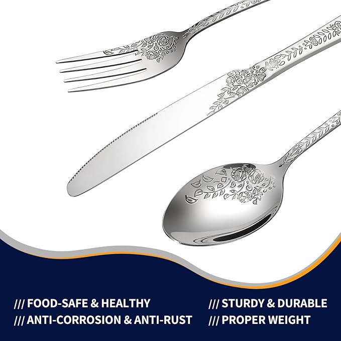Floral 40 Pcs Silverware Set for 8, Food Grade Stainless Steel Flatware Set with Rose Flower Embossed Design, Eating Utensils Sets Include Fork/Knife/Spoon, Reusable Cutlery Set, Dishwasher Safe-Ruum Studio Home