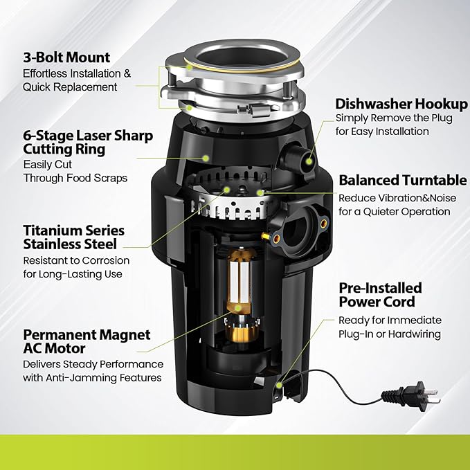 DC Garbage Disposal 3/4 HP Quiet (60dB) with Cord & Dishwasher Hookup for Kitchen Sink Food Waste, 6-Stage Grinding, 3-Bolt, 2700RPM, Continuous Feed, Titanium Stainless Steel, 10-Year Warranty-Ruum Studio Home