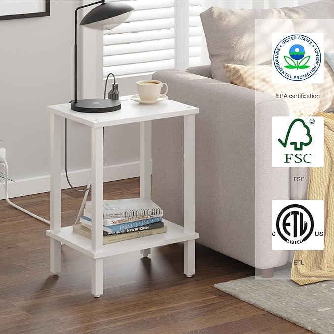 TUTOTAK End Table with Charging Station, Set of 2, Small Side Table with Outlets, Nightstand Bedside Table, 2-Tier Storage Shelf for Small Space, Living Room, Bedroom White TB01BW041-Ruum Studio Home