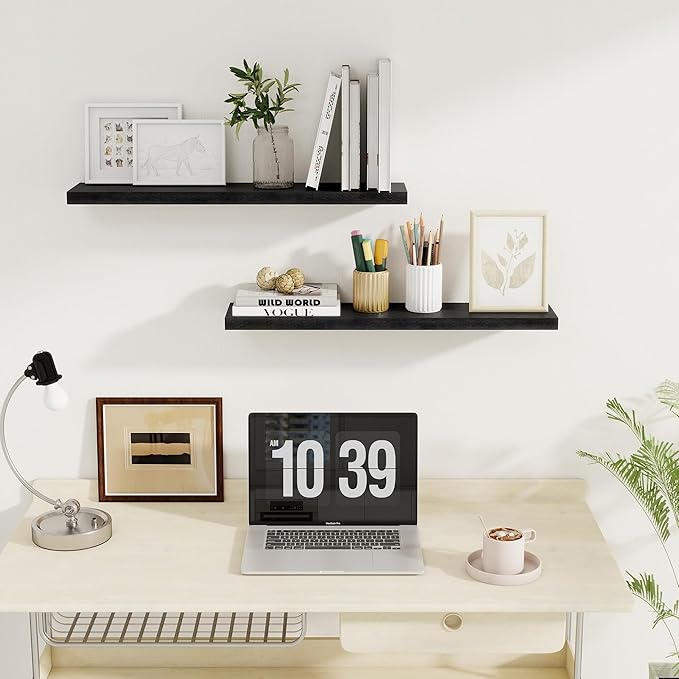 Fun Memories Floating Shelves for Wall, 30" Rustic Wood Deep Wall Mounted Shelves with Invisible Brackets for Decor & Storage, Floating Shelf for Living Room, Bathroom (Black, Set of 2)-Ruum Studio Home