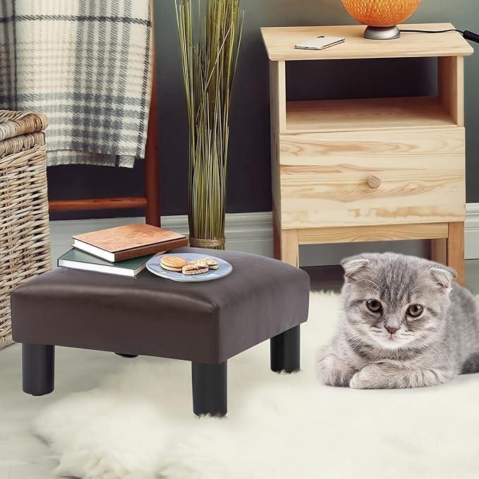 Joveco Small Foot Rest Stool Ottoman, 15" Leather Footrest Square Footstool with Non-Skid Plastic Legs, for Chair, Under Desk, Office, Living Room, Brown-Ruum Studio Home