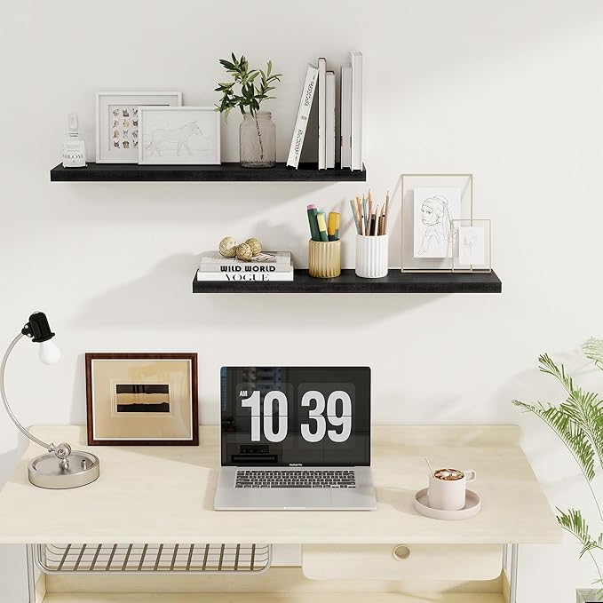 Fun Memories 32Inch Floating Shelves for Wall 2 Pack Wood Shelves for Kitchen, Bathroom, Bedroom Wall Mounted Rustic Wood Floating Shelf with Invisible Brackets for Books, Storage, Decor, Black-Ruum Studio Home