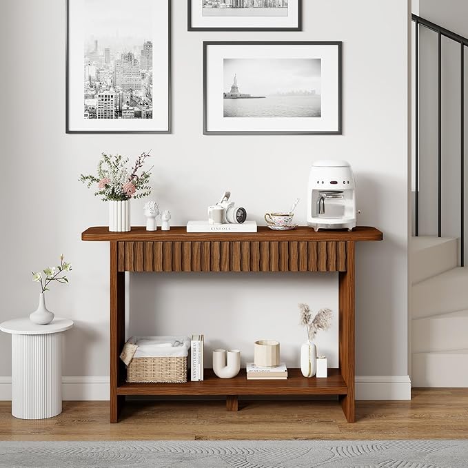 BECHAEO Mid Century Modern Console Table with Drawers, 51" Large 2-Tier Narrow Console Table with Storage Shelf, Sofa Station Behind The Couch, Accent Tables for Entryway, Hallway, Rustic Brown-Ruum Studio Home