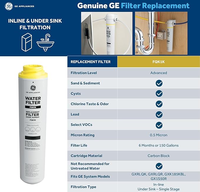 GE FQK1K Under Sink Water Filter | Replacement for Water Filtration System | Easy Install | Reduces Sediment, Rust & Other Impurities from Water | Replace Every 6 Months for Best Results | 1 Filter-Ruum Studio Home