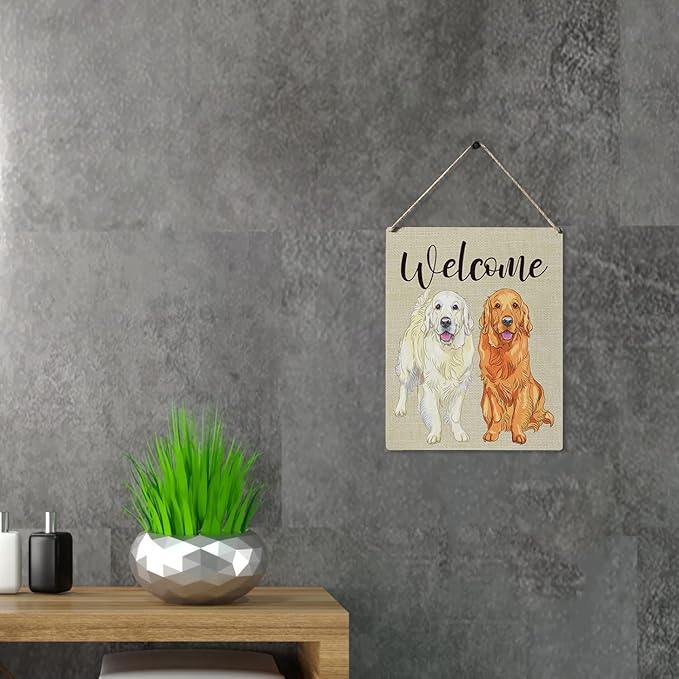 Qious Welcome Sign Gift Farmhouse Welcome Golden Retriever Wooden Hanging Sign Plaque Modern Wall Art Decor for Home Decoration 10 x 8 Inches-Ruum Studio Home