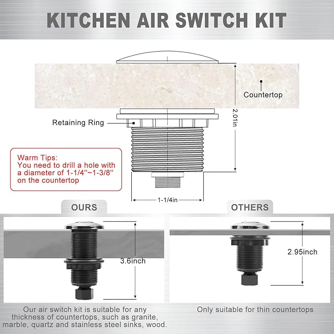 Garbage Disposal Air Switch Kit, Garbage Disposal Button, Sink Top Waste Disposer On/Off Switch, UL Listed Air Switch Compatible with All Garbage Disposals (Chrome Silver)-Ruum Studio Home