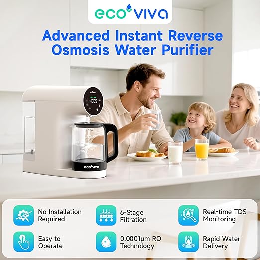 Ecoviva Countertop Reverse Osmosis Water Filter, 6 Stage RO Water Filtration System with Glass Carafe, TDS Displayr, 3:1 Pure to Drain, Portable No Installation Water Purifier White-Ruum Studio Home