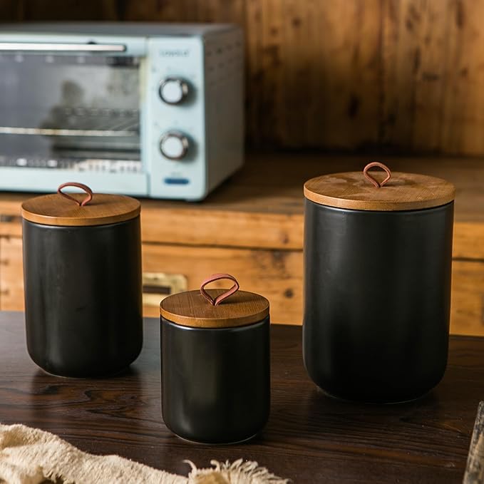 JOJUNO Black Ceramic Canister Set with Wooden Lid, 3-Piece Airtight Food Storage Jars for Kitchen Counter - Flour, Sugar, Coffee, Tea, Spice - Small, Medium, Large Sizes-Ruum Studio Home