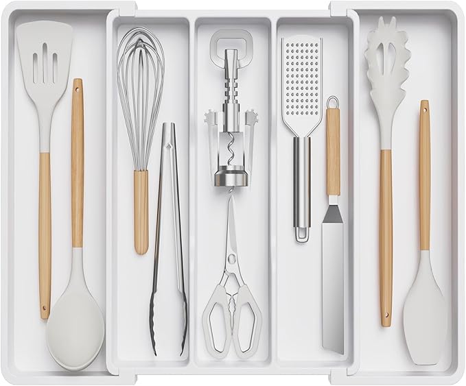 Lifewit Utensil Organizer for Kitchen Drawers, Expandable from 13‘’ to 22.4'', 15'' Depth, Plastic Cutlery Silverware Flatware Holder, Spatula Tools and Gadgets Storage, Large, White-Ruum Studio Home