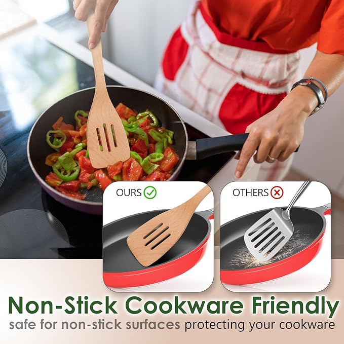 Wooden Spoons for Cooking, 8 Pcs Beech Wood Wooden Kitchen Cooking Spoon Utensil Tools Set Includes Spatula Skimmer Pasta Scoop Non-Stick Cookware Safe by HOWHONG-Ruum Studio Home