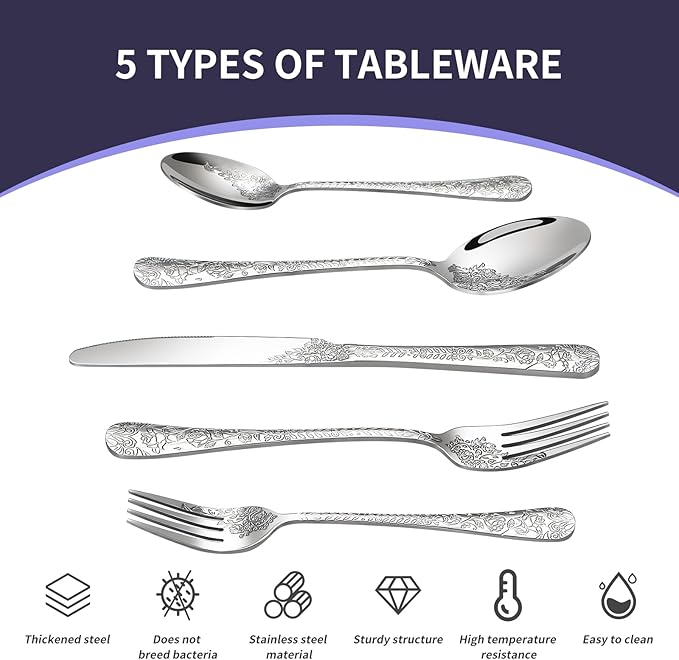 Floral 40 Pcs Silverware Set for 8, Food Grade Stainless Steel Flatware Set with Rose Flower Embossed Design, Eating Utensils Sets Include Fork/Knife/Spoon, Reusable Cutlery Set, Dishwasher Safe-Ruum Studio Home