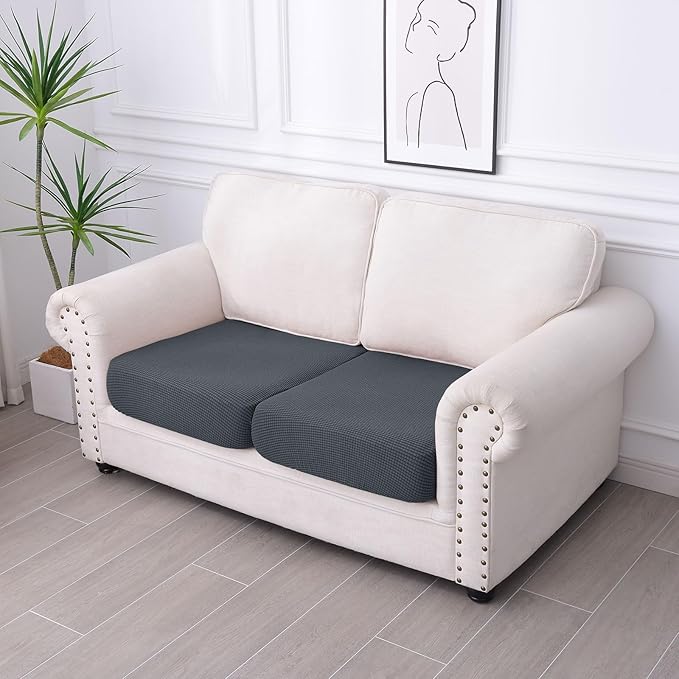 hyha Waterproof Couch Cushion Covers, Washable Sofa Cushion Slipcovers, Thick Stretch Jacquard Fabric, Couch Sofa Covers for Pets with Elastic Bottom (2 Pieces, Grey)-Ruum Studio Home