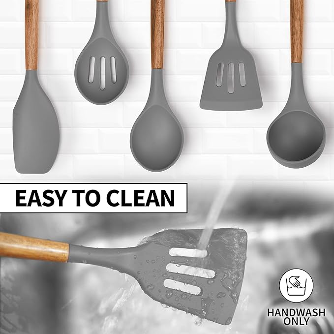 Zulay Kitchen Utensils Set Non-Stick Silicone Cooking Utensils Set with Authentic Acacia Wood Handles - 5 Piece Silicone Utensil Set - Kitchen Utensils Set with 464°F Heat Resistance - Gray-Ruum Studio Home